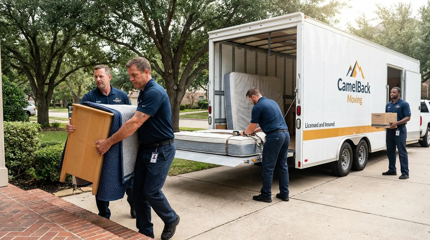 Crew loading residential truck for cross-state move from South Padre Island, TX