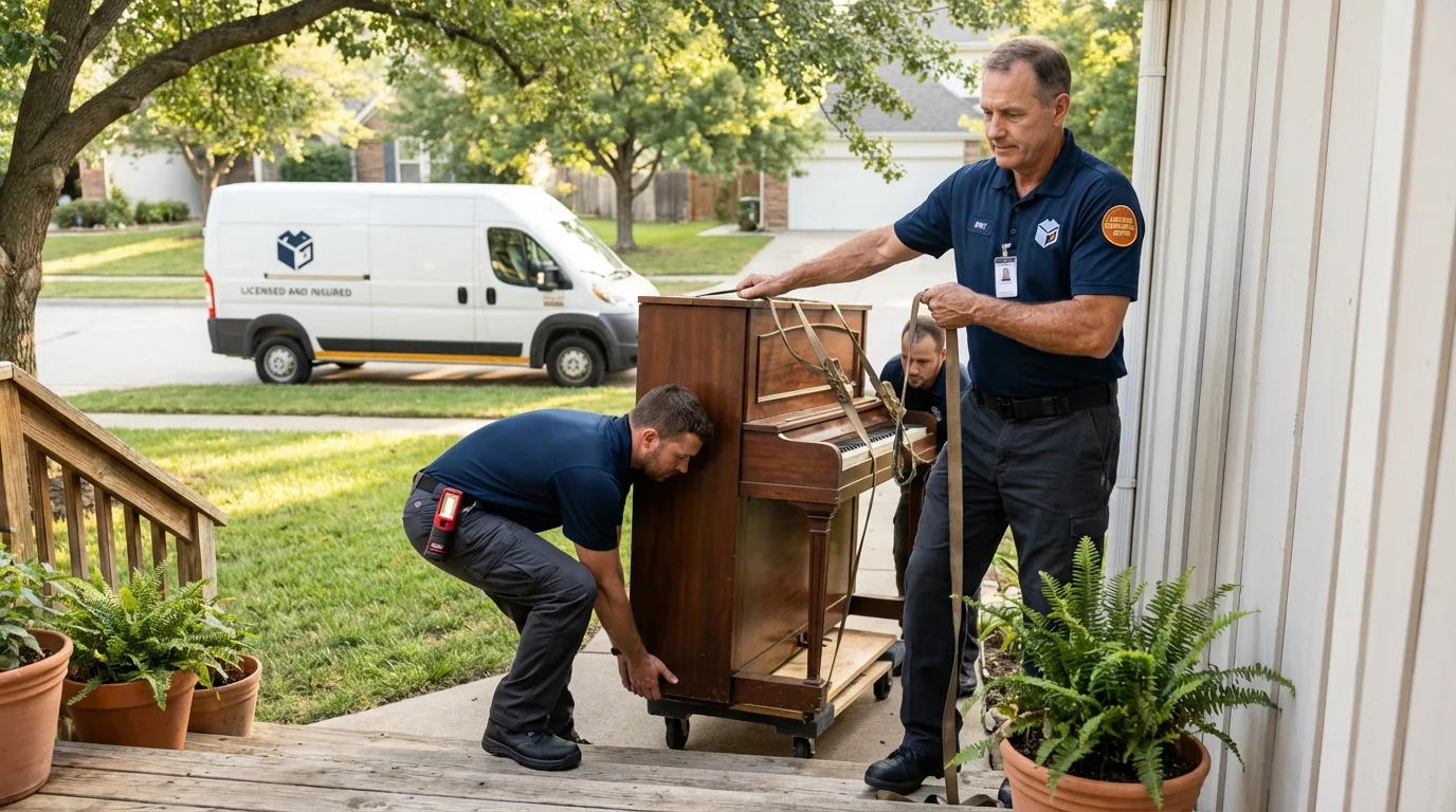 Licensed piano movers securing grand piano in South Padre Island, TX