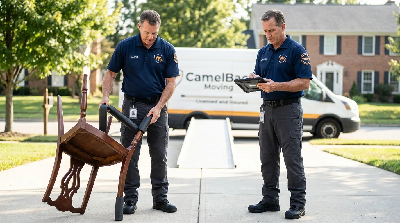 Movers inspecting furniture for damage prevention before loading in South Padre Island, TX