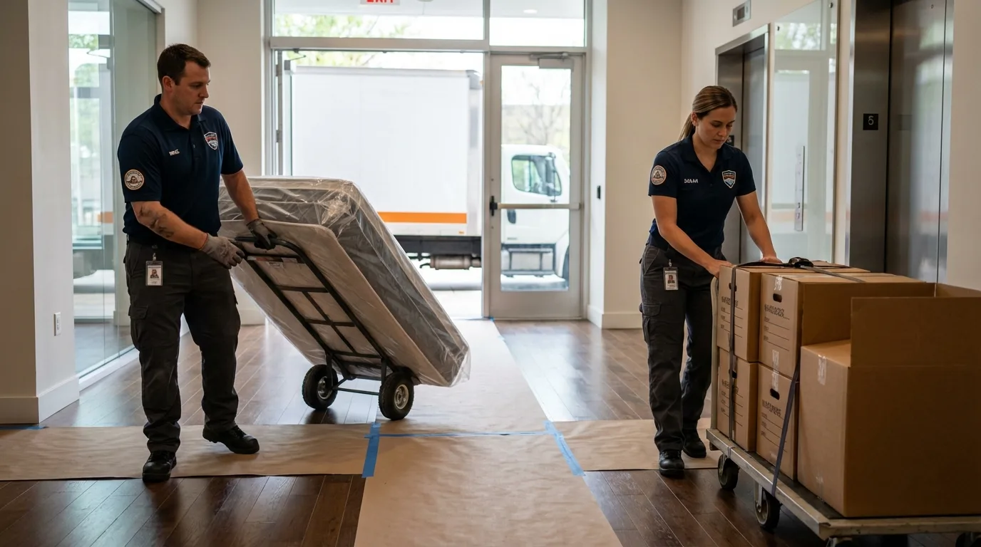 Professional apartment movers loading elevator in South Padre Island, TX