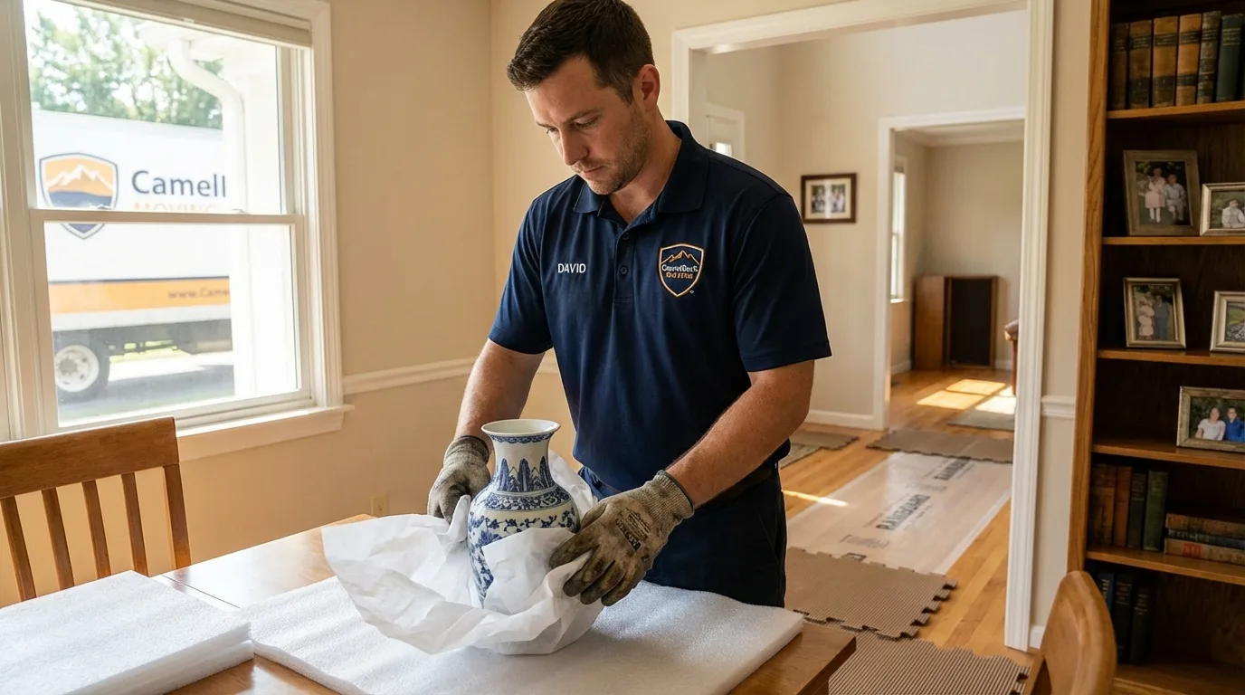 Professional crew carefully wrapping antique vase for senior downsizing move in South Padre Island, TX