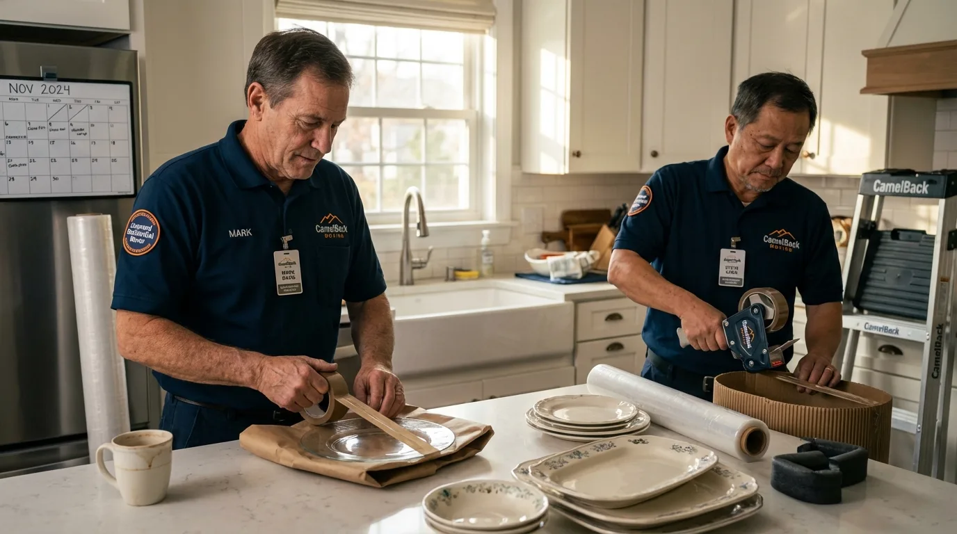 Professional crew packing kitchen dishware in South Padre Island, TX